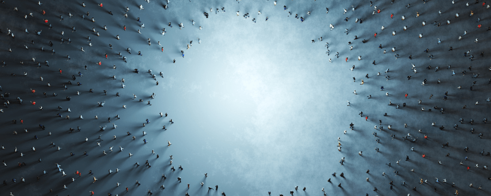 Crowd of diverse people gather around empty circle