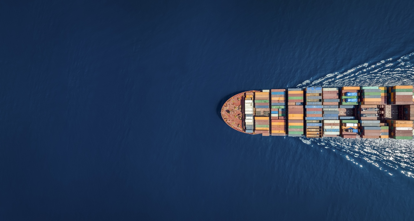 Aerial view of a large container cargo ship