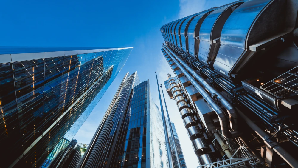 Looking up at big highrise buildings